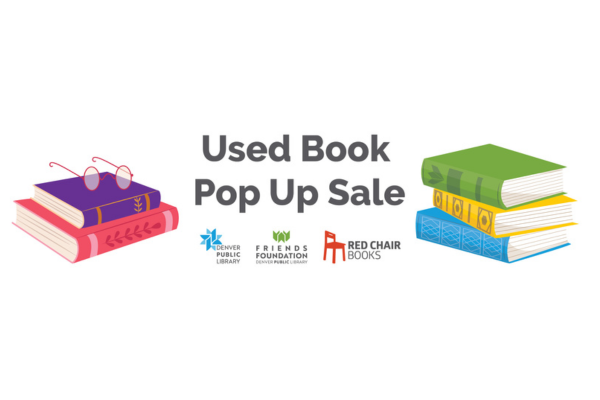 Stacks of books with the text "Used Book Pop Up Sale"